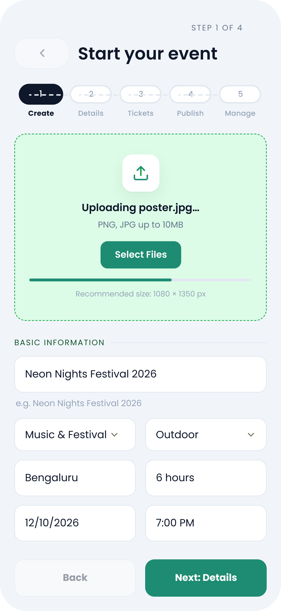 Create event screen